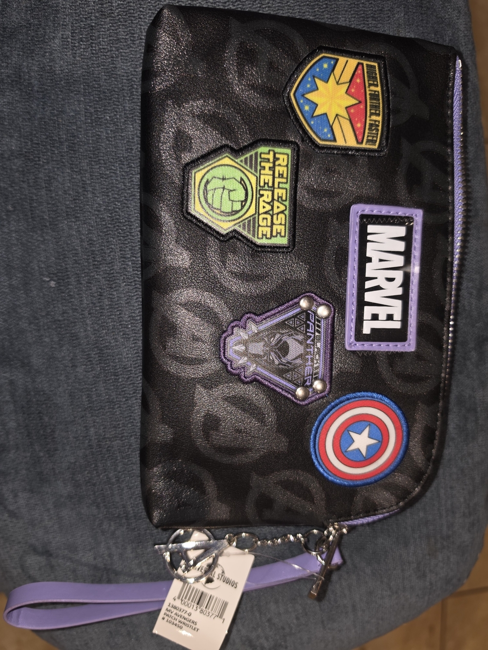 Marvel Black Wristlet with Purple Trim and Multicolor Patches